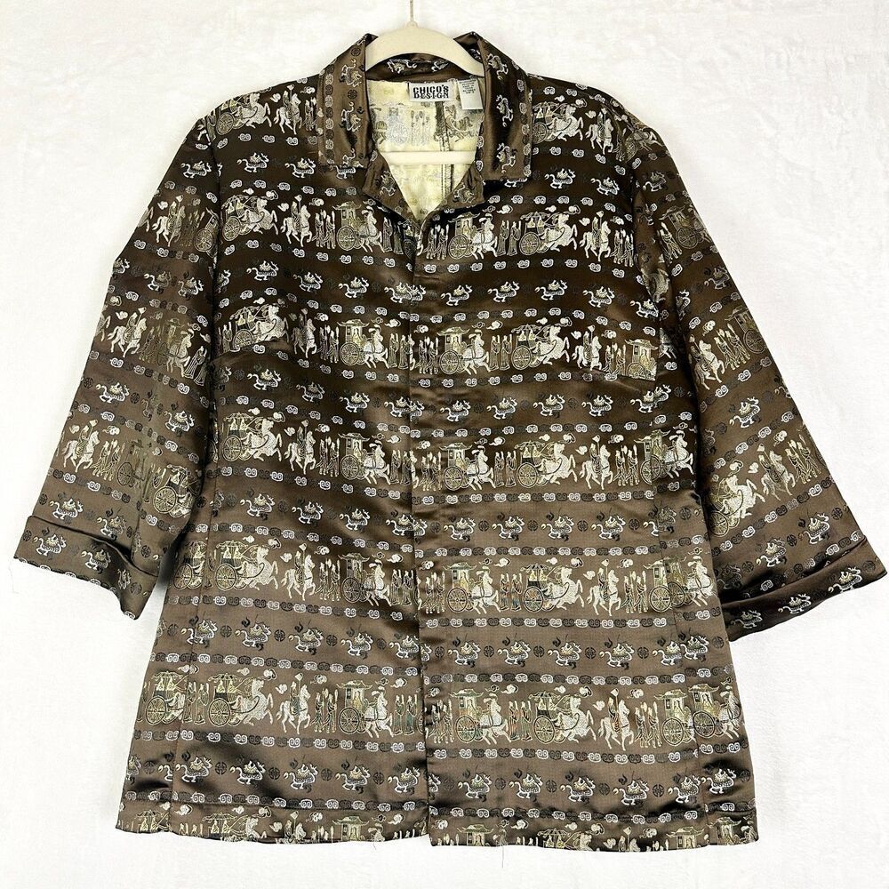 Vintage Chico's Satin Asian Jacket Size 2 Large Brocade Button Front 3/4 Sleeve